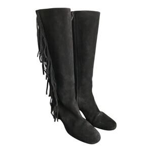 Saint Laurent Paris Black Suede Fringe Knee High Block‎ Heel Boots 40 YSL